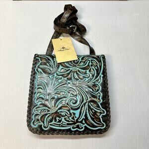 Patricia Nash Turquoise and Brown Tooled Leather Satchel Crossbody Purse